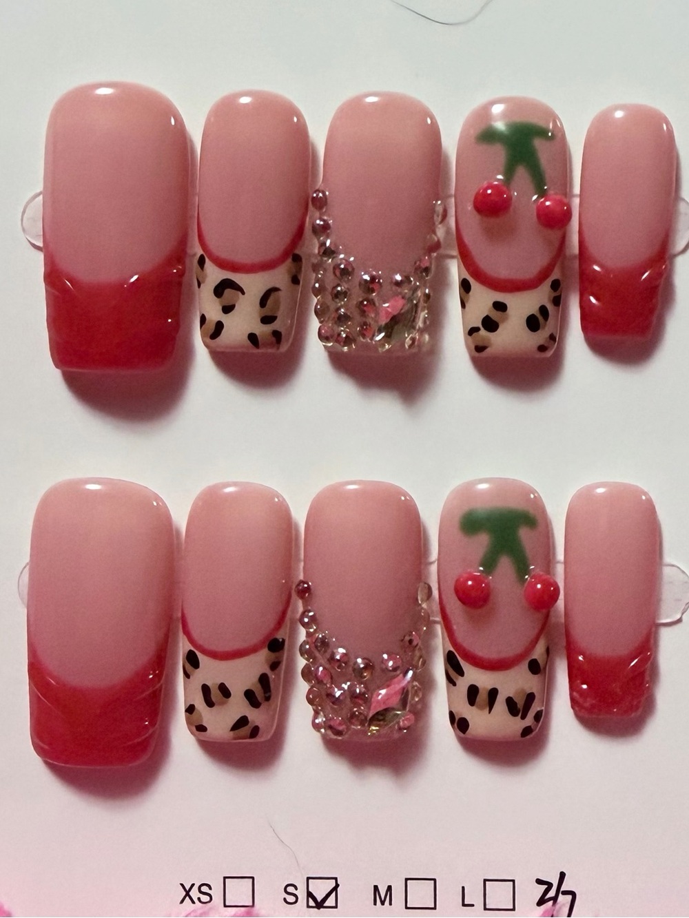 Pink Cherry Accent Press-On Nail Set with Rhinestones